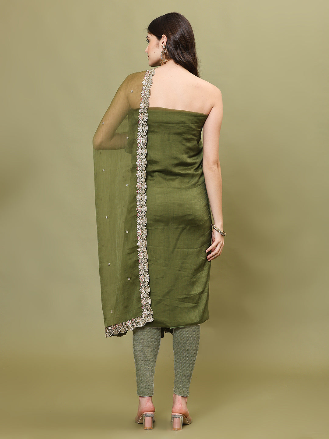 Sequins Work Chinon Unstitched Suit Piece With Dupatta