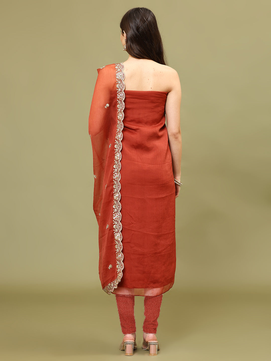 Sequins Work Chinon Unstitched Suit Piece With Dupatta
