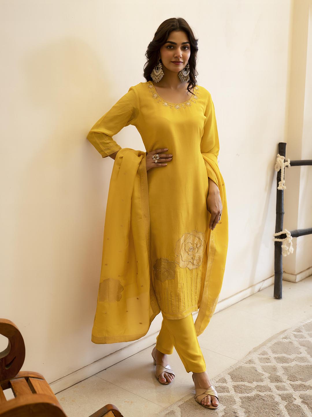Embroidered Silk Kurta With Pant &amp; Dupatta