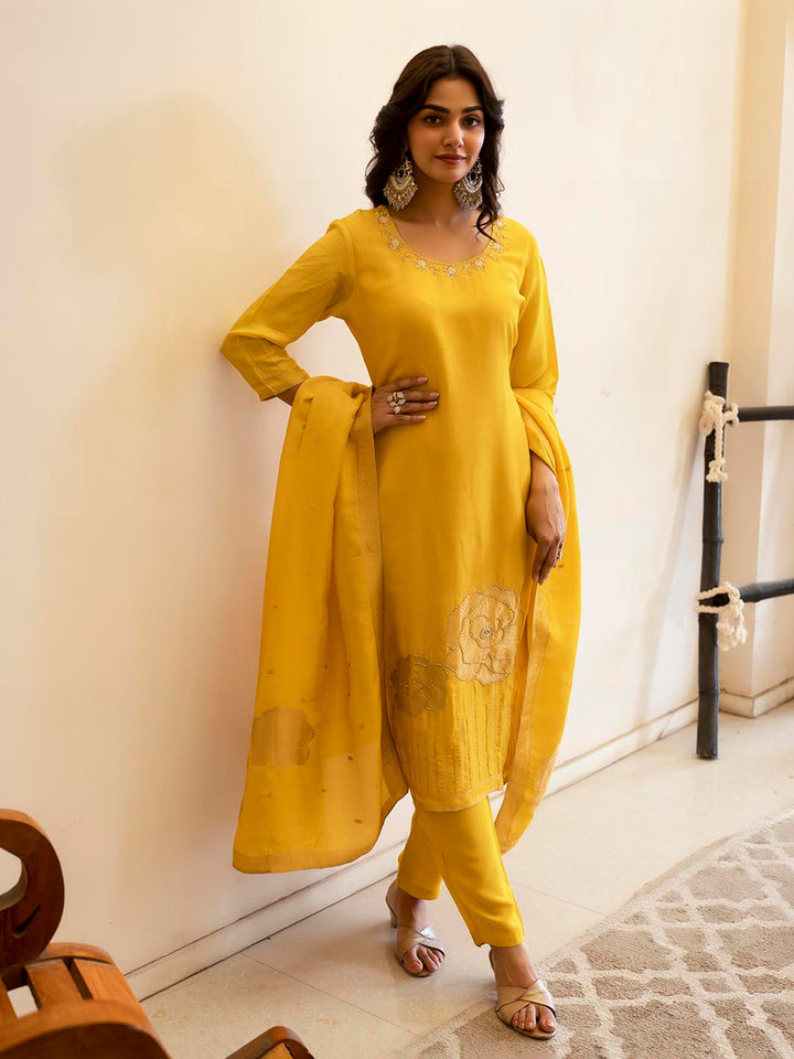 Embroidered Silk Kurta With Pant &amp; Dupatta