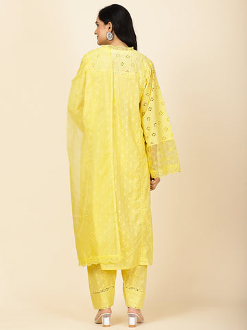 Neck Embroidery Cotton Kurta With Pants & Dupatta