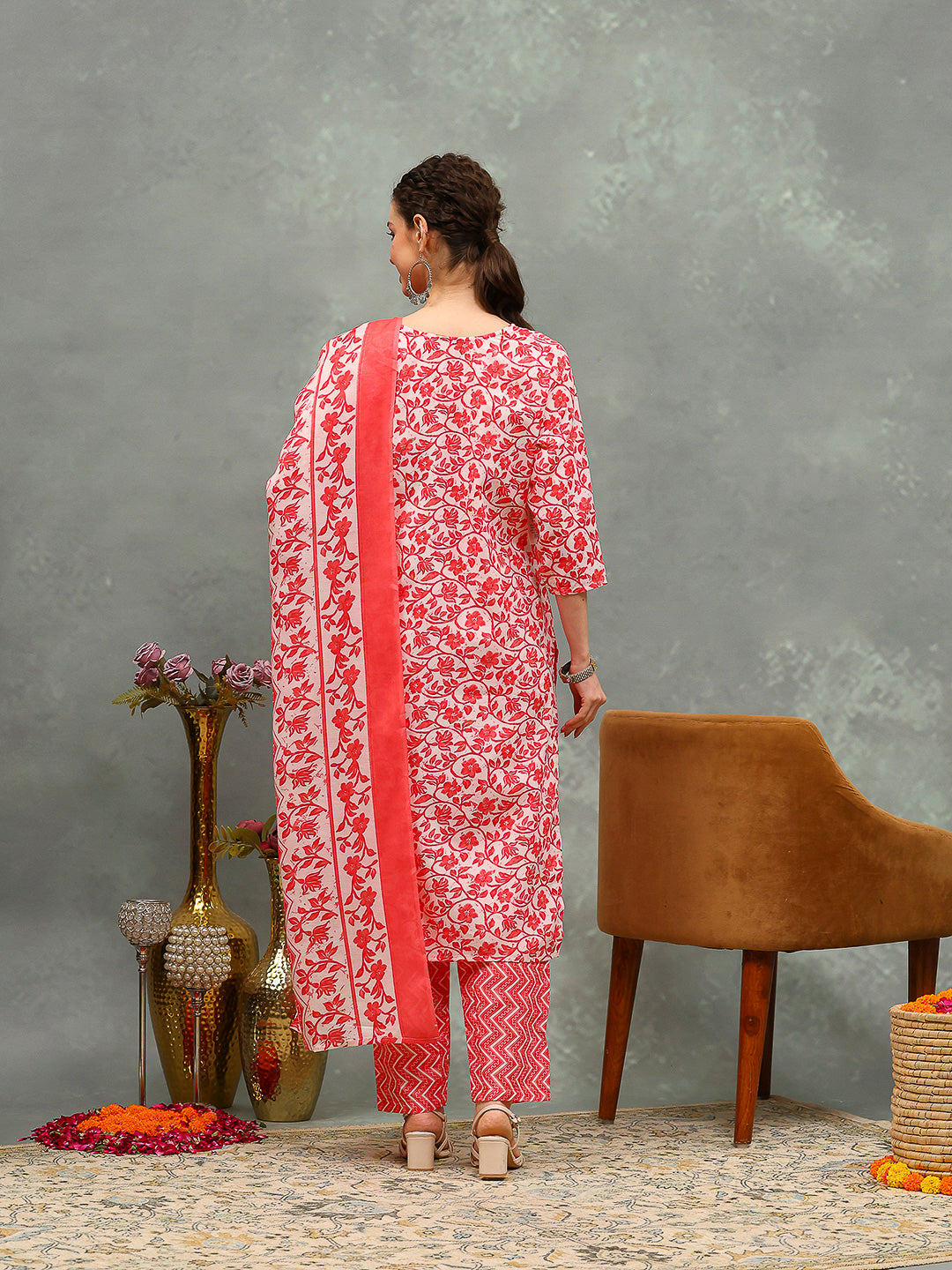 Printed Cotton Blend Kurta With Pants & Dupatta