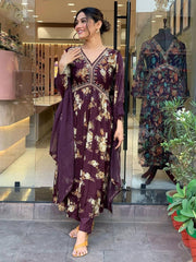 Neck Embroidery Cotton Blend Kurta With Pants & Dupatta