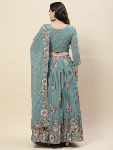 Resham Embroidered Georgette Choli With Lehenga & Dupatta