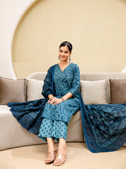 Printed Cotton Blend Kurta With Pants & Dupatta