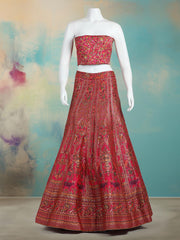 Rajasthani Folk Motif Unstitched Lehenga Choli with Narrative Borders