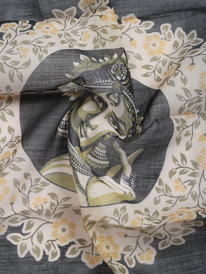 Printed Linen Blend Unstitched Suit With Pant &amp; Dupatta