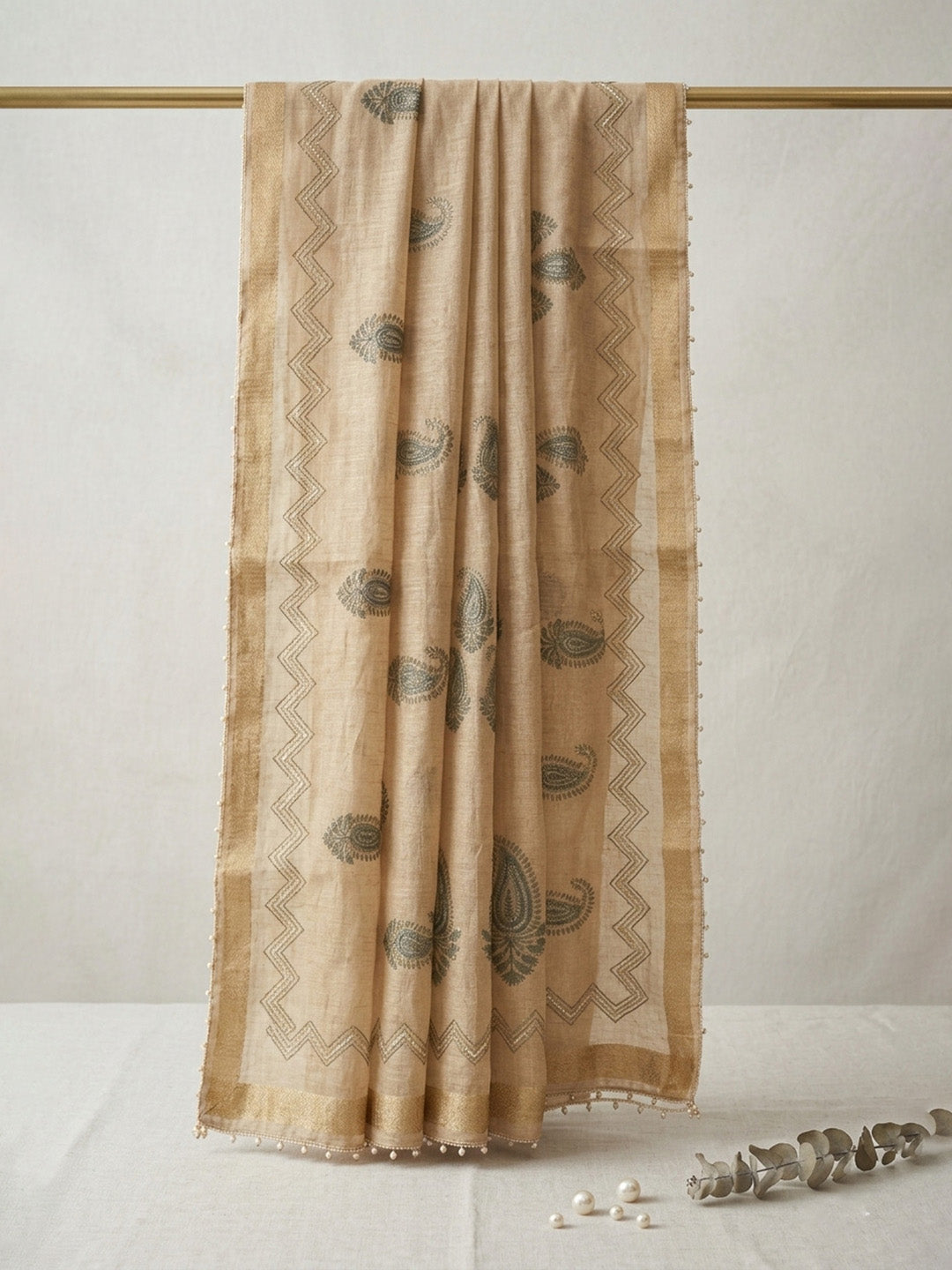 Embroidered Linen Blend Unstitched Suit With Pant &amp; Dupatta