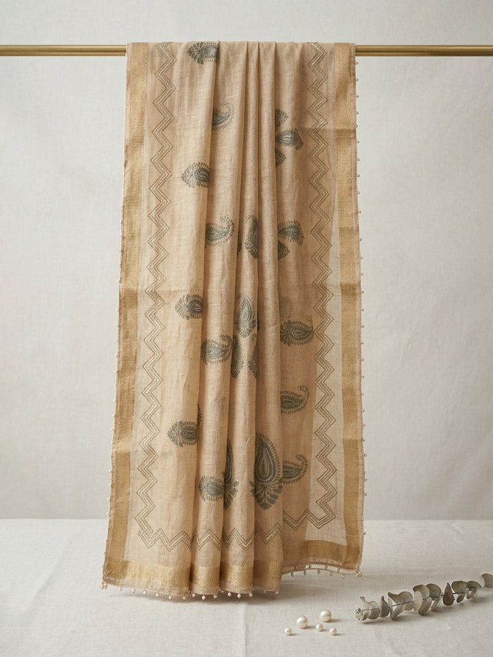 Embroidered Linen Blend Unstitched Suit With Pant &amp; Dupatta