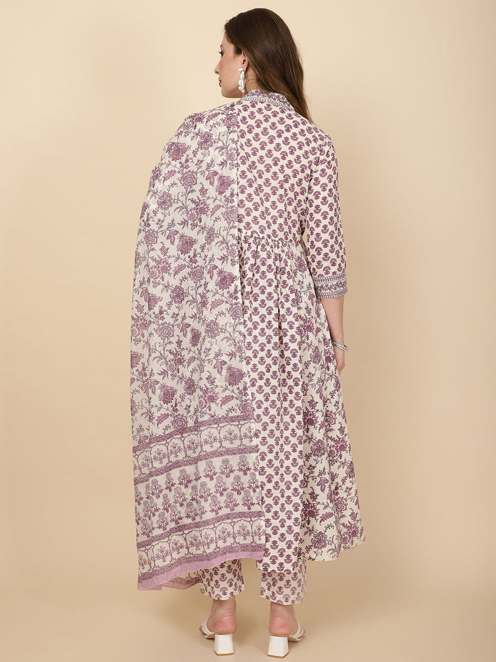 Floral Printed Cotton Blend Purple Cream Suit With Pant &amp; Dupatta