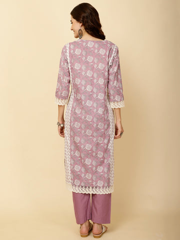 Floral Printed Cotton Straight Kurta With Pants