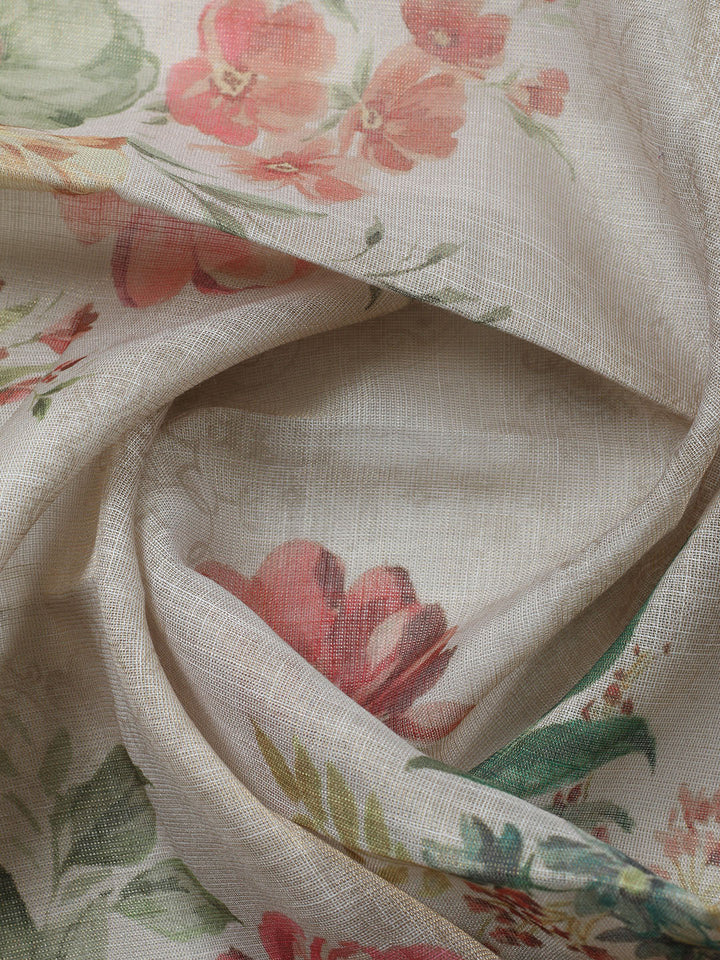 Printed Linen Blend Unstitched Suit With Pant &amp; Dupatta