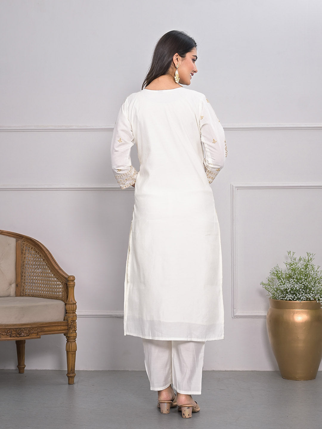 Neck Embroidery Cotton Blend Kurta With Pants &amp; Dupatta