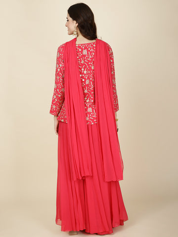 Zari Jaal Embroidered Georgette Jacket Style Top With Sharara & Dupatta
