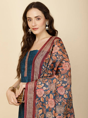 Kantha Embroidery & Printed Chanderi Unstitched Suit Piece With Dupatta