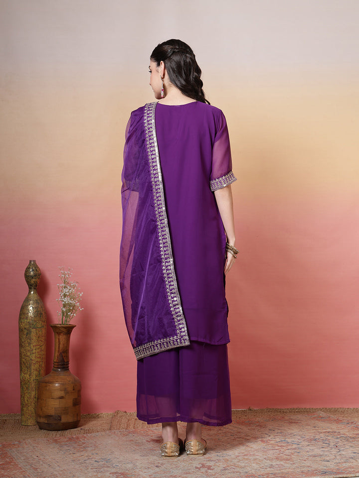 Embroidered Georgette Kurta With Sharara &amp; Dupatta