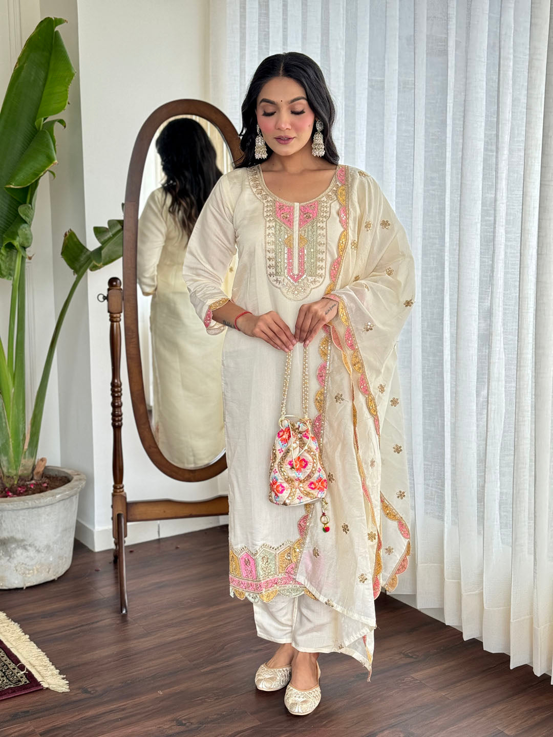 Neck Embroidered Chanderi Kurta With Pants & Dupatta