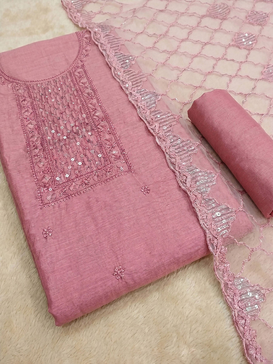 Neck Embroidered Chanderi Unstitched Suit With Dupatta