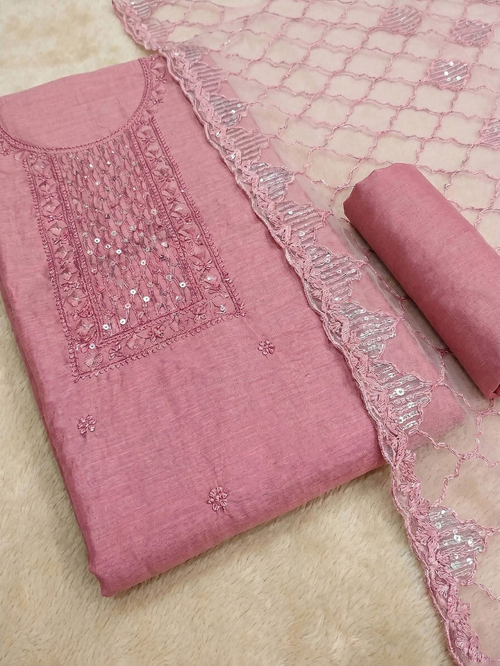 Neck Embroidered Chanderi Unstitched Suit With Dupatta