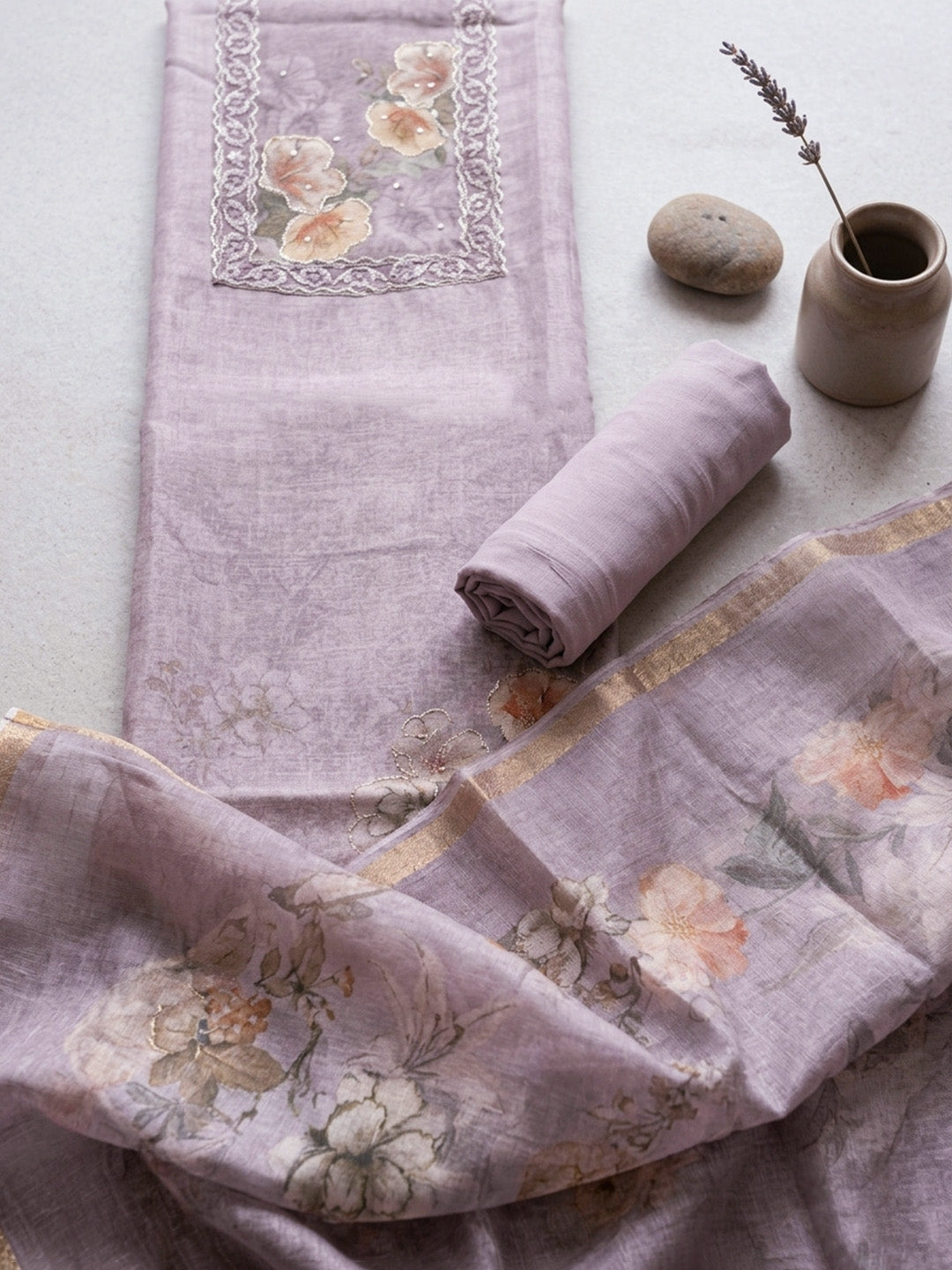 Embroidered Linen Blend Unstitched Suit With Pant &amp; Dupatta