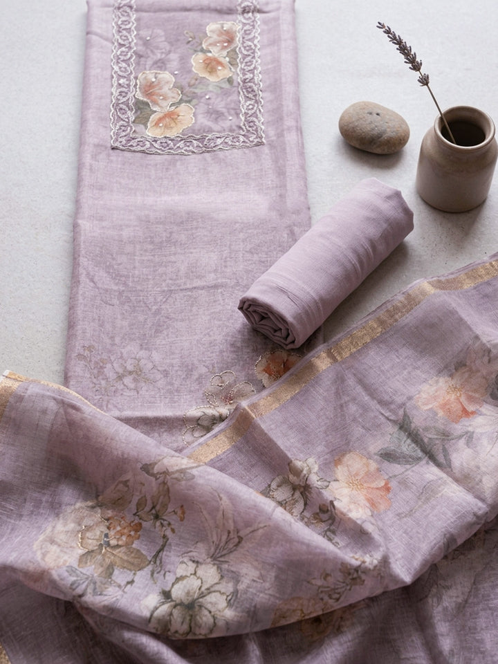 Embroidered Linen Blend Unstitched Suit With Pant &amp; Dupatta