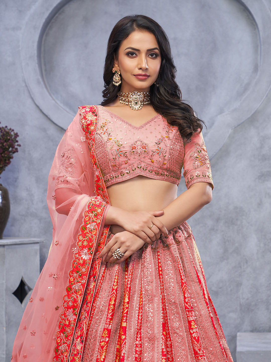Resham Embroidery Tissue Unstitched Choli With Lehenga &amp; Dupatta