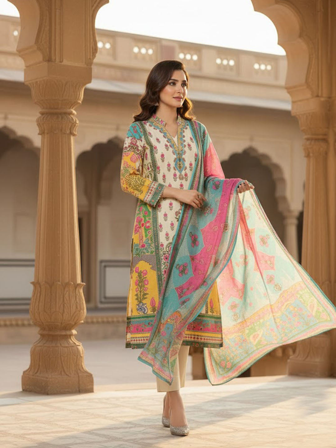 Printed Cotton Kurta With Pant &amp; Dupatta
