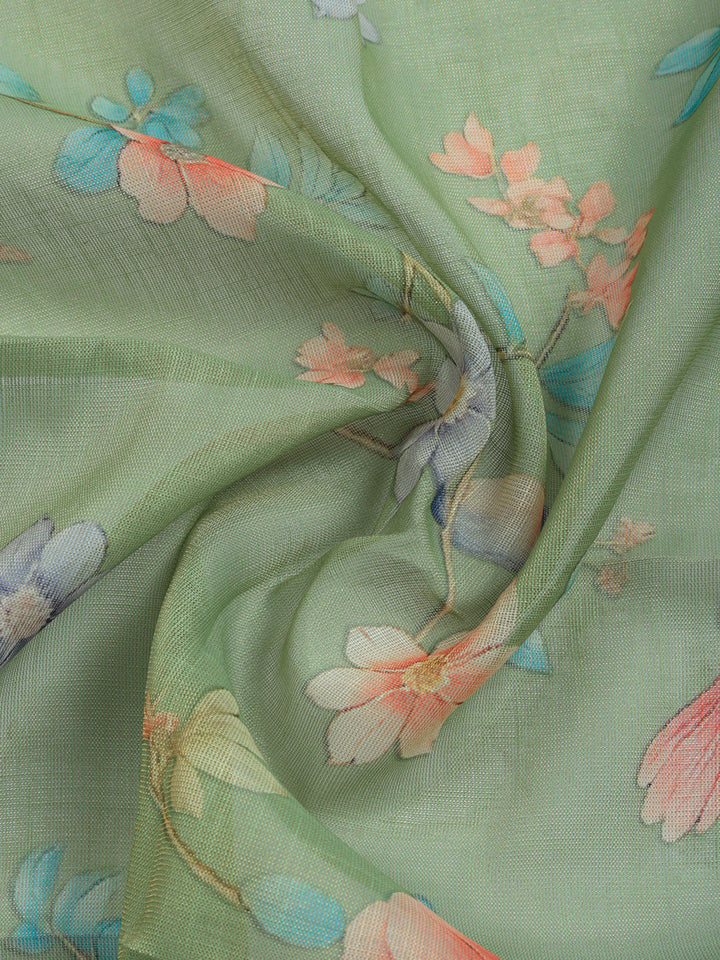 Printed Linen Blend Unstitched Suit With Pant &amp; Dupatta
