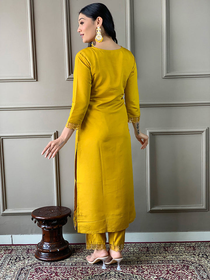 Resham Embroidery Cotton Blend Kurta With Pants &amp; Dupatta