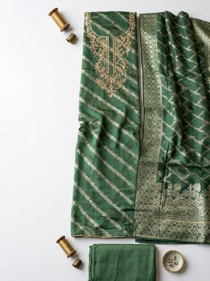 Embroidered Chanderi Unstitched Suit With Pant &amp; Dupatta