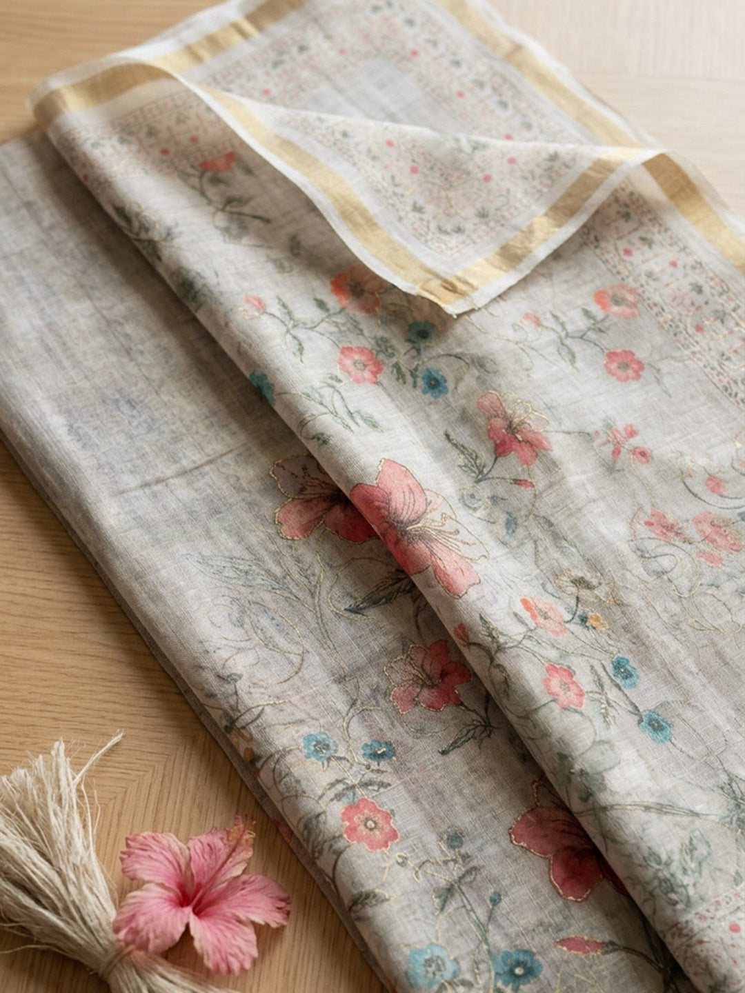 Printed Linen Blend Unstitched Suit With Pant &amp; Dupatta