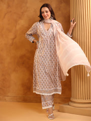 Printed Cotton Blend Kurta With Pants & Dupatta