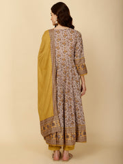 Floral Block Printed Anarkali Kurta With Pants & Dupatta