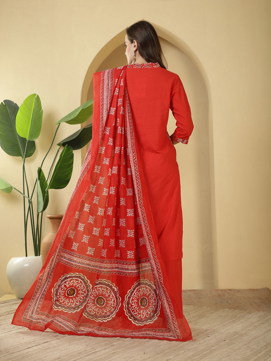 Printed Cotton Blend Kurta With Pants & Dupatta