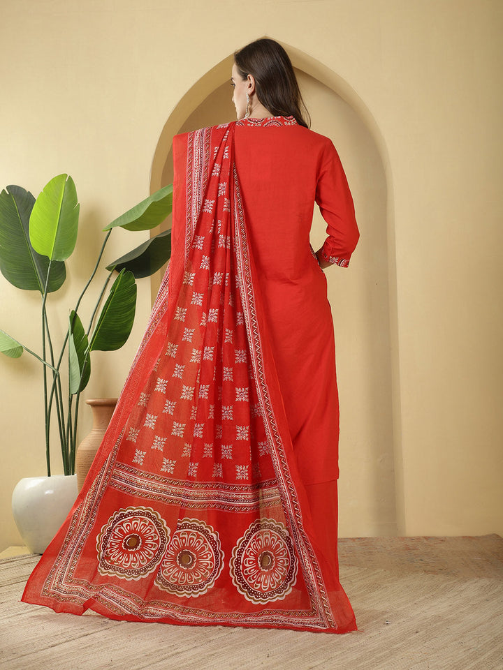 Printed Cotton Blend Kurta With Pants &amp; Dupatta