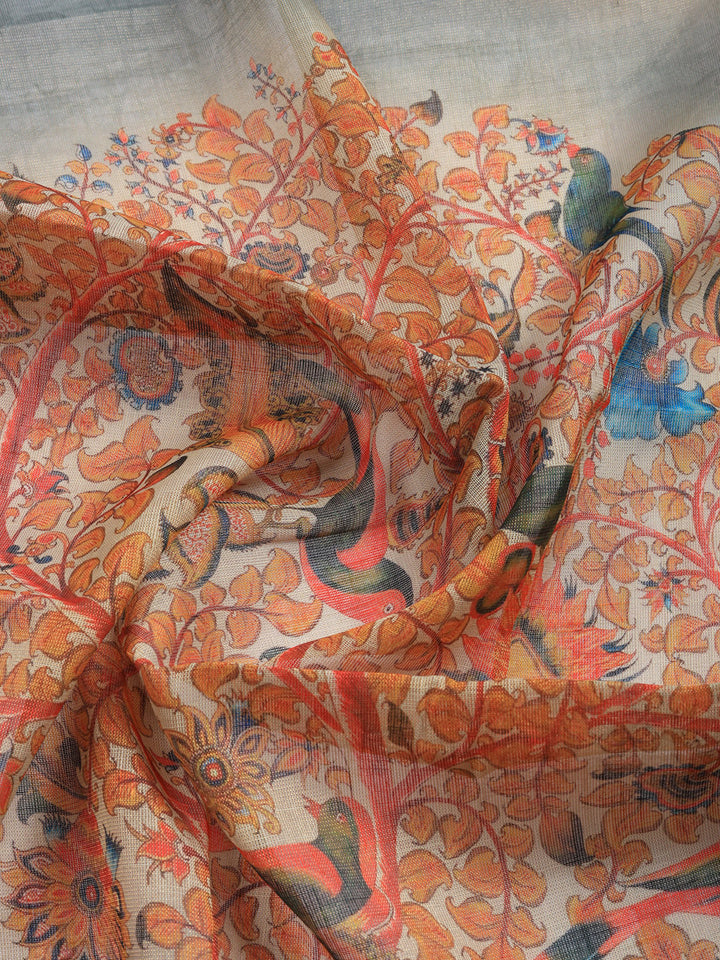 Printed Linen Blend Unstitched Suit With Pant &amp; Dupatta