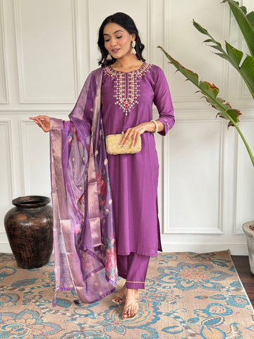 Neck Embroidered Chanderi Kurta With Pants & Dupatta