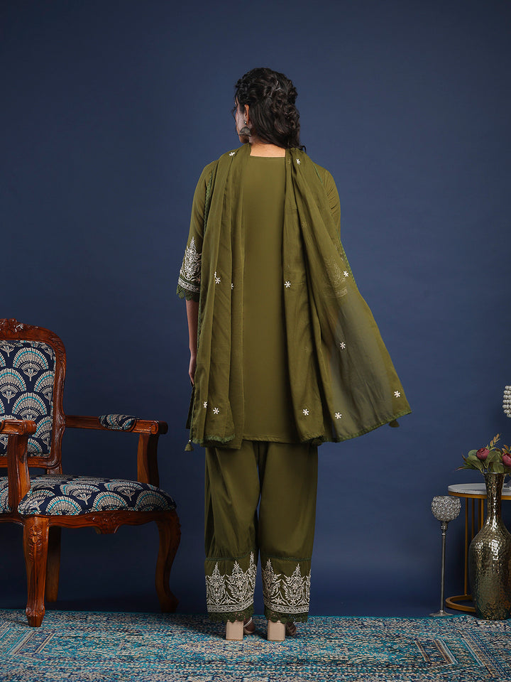 Embroidered Cotton Kurta With Pant &amp; Dupatta