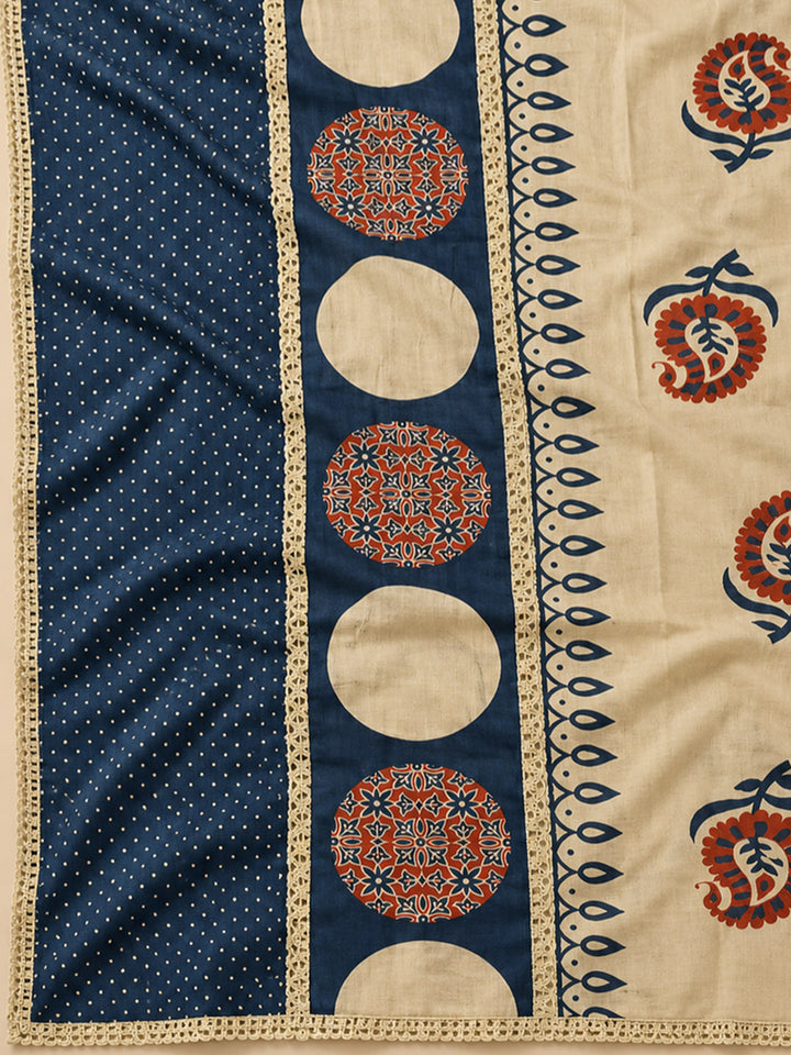 Beige Cotton Blend Embroidered Unstitched Dress Material