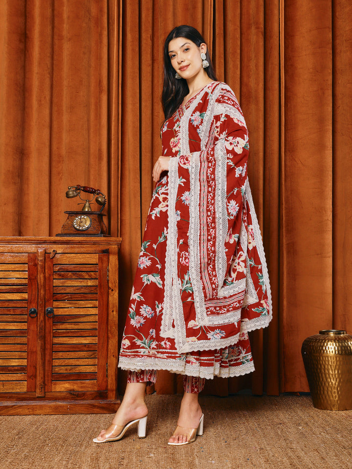 Printed Cotton Blend Kurta With Pants &amp; Dupatta