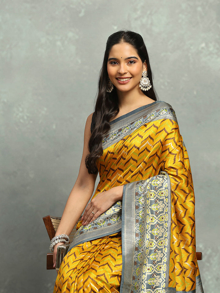Digital Printed Art Silk Mustard Saree