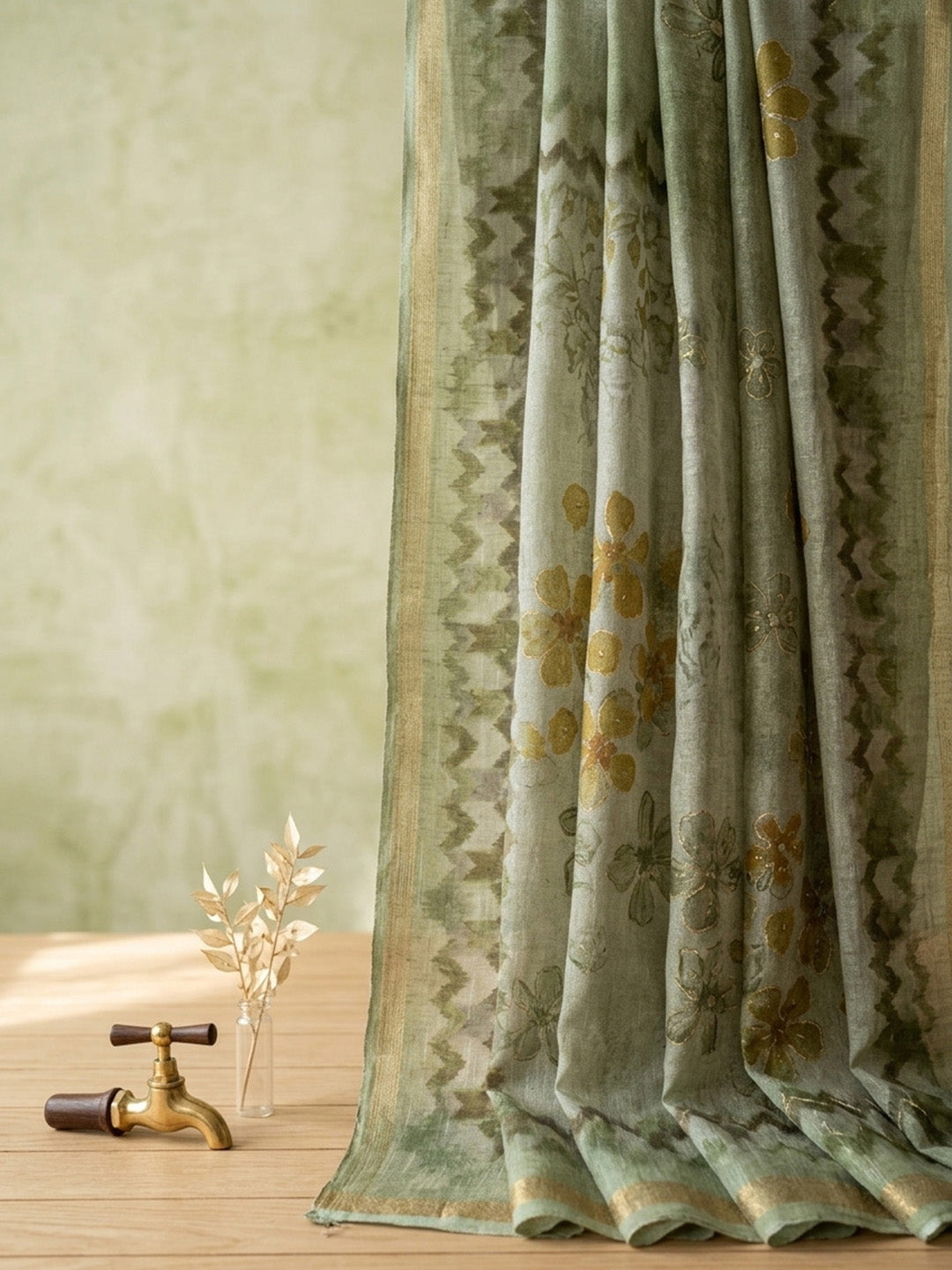 Printed Linen Blend Unstitched Suit With Pant &amp; Dupatta