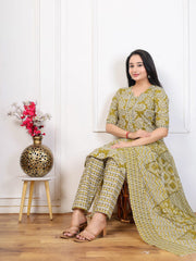 Embroidered Cotton Blend Kurta With Pant & Dupatta