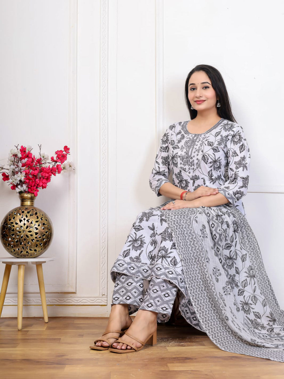 Grey Embroidered Cotton Blend Straight Suit Set With Dupatta