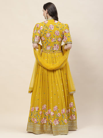 Floral Sequin Embroidery Georgette Kurta With Jacket & Dupatta