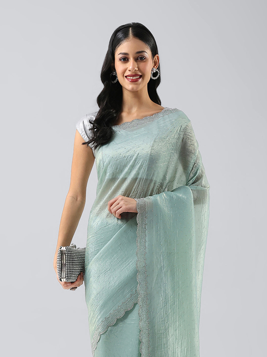 Swarovski Border Art-Chiffon Organza Plain Saree