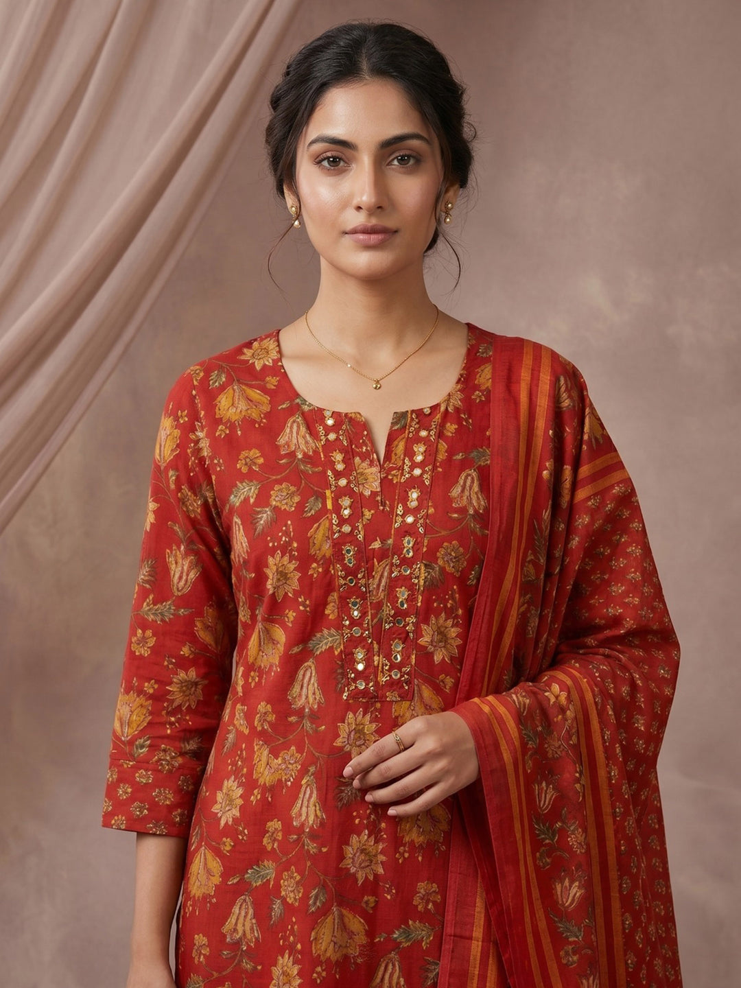Rani Embroidered Cotton Blend Straight Round Neck Suit Set