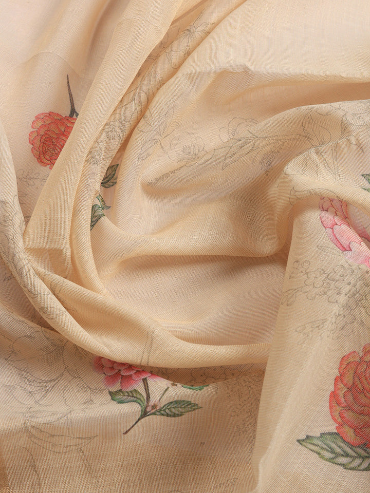 Printed Linen Blend Unstitched Suit With Pant &amp; Dupatta