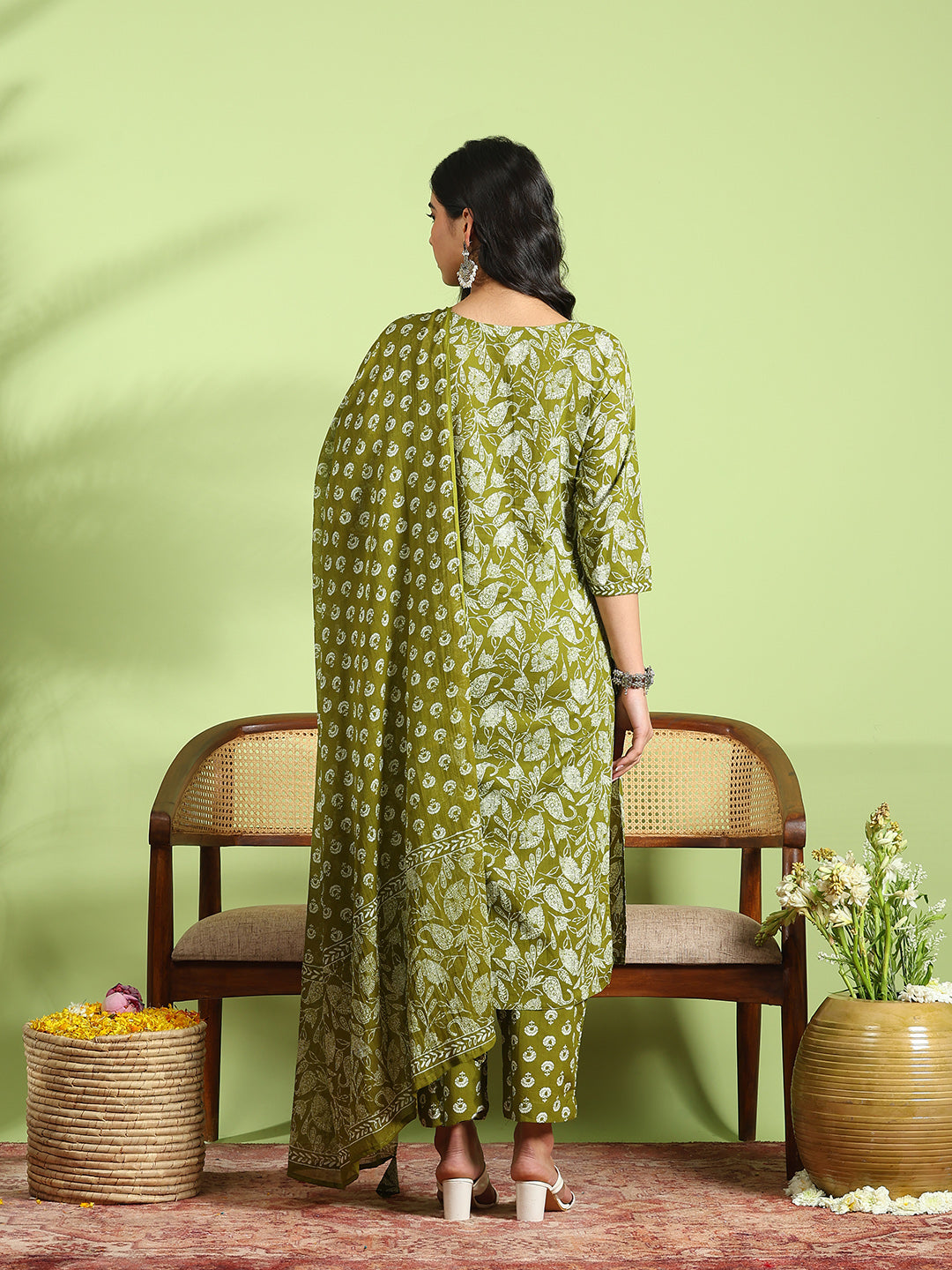 Printed Cotton Kurta With Pant &amp; Dupatta