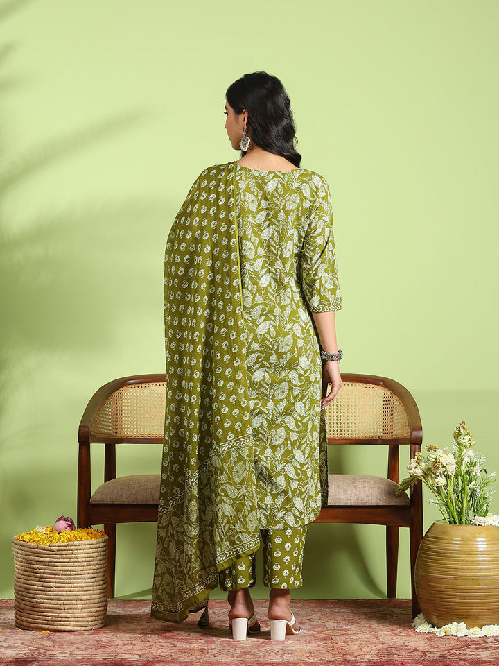 Printed Cotton Kurta With Pant &amp; Dupatta